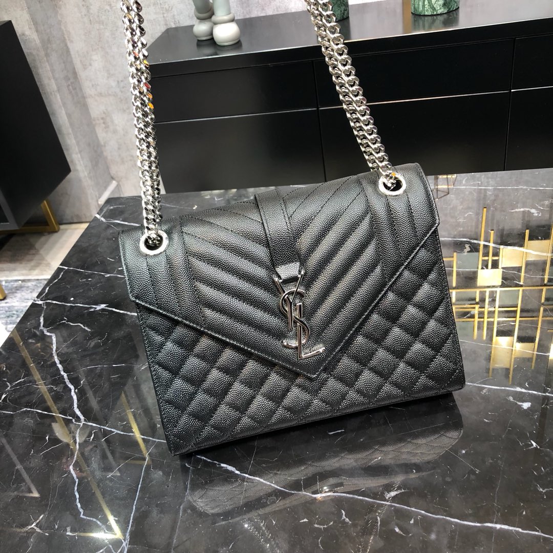 Saint Laurent Envelope Grain Quilted Calfskin Handbag Black 600185 Silver